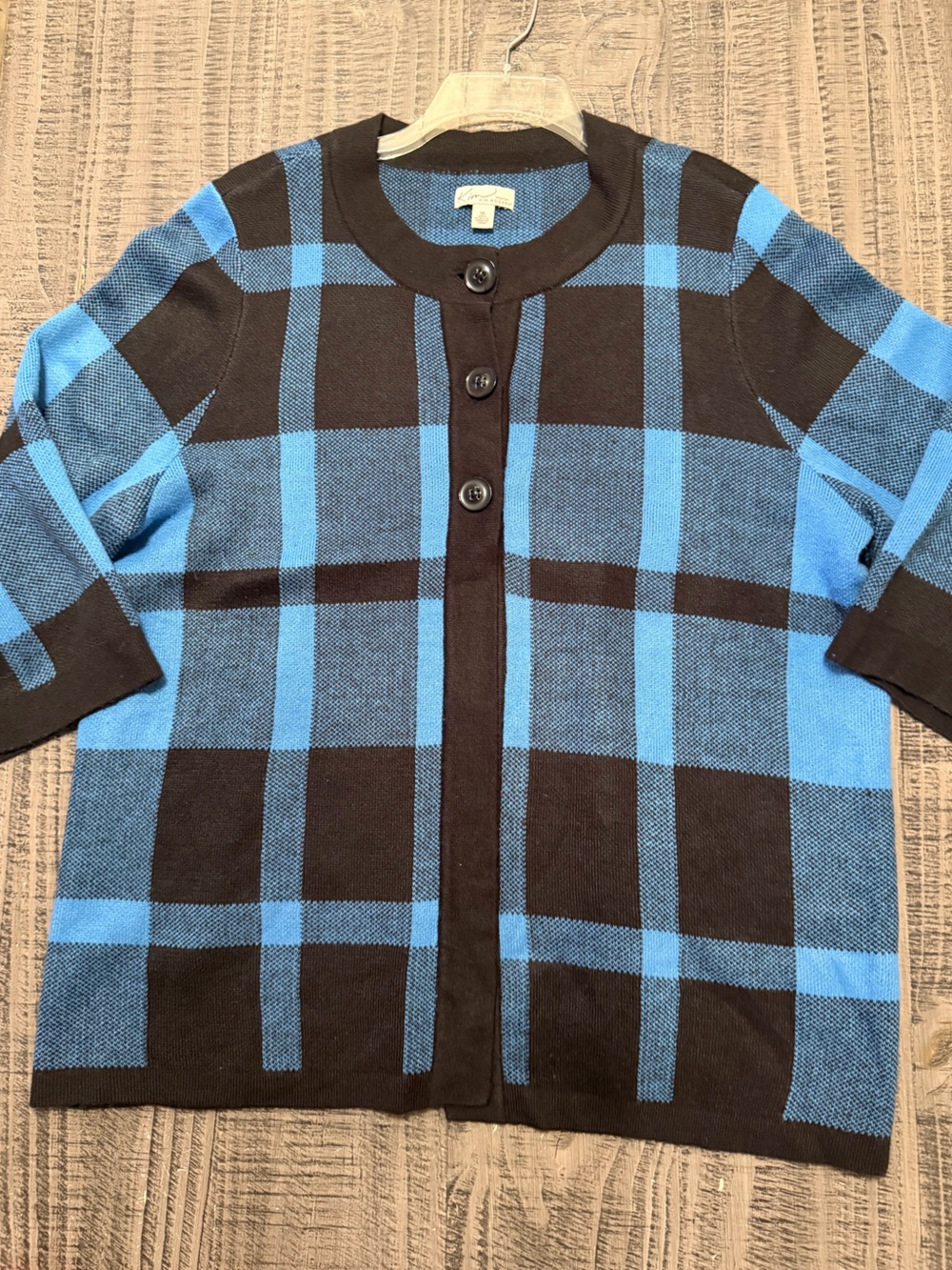 Kim Rogers Blue & Black Plaid 3 Button-Up Sweater Cardigan